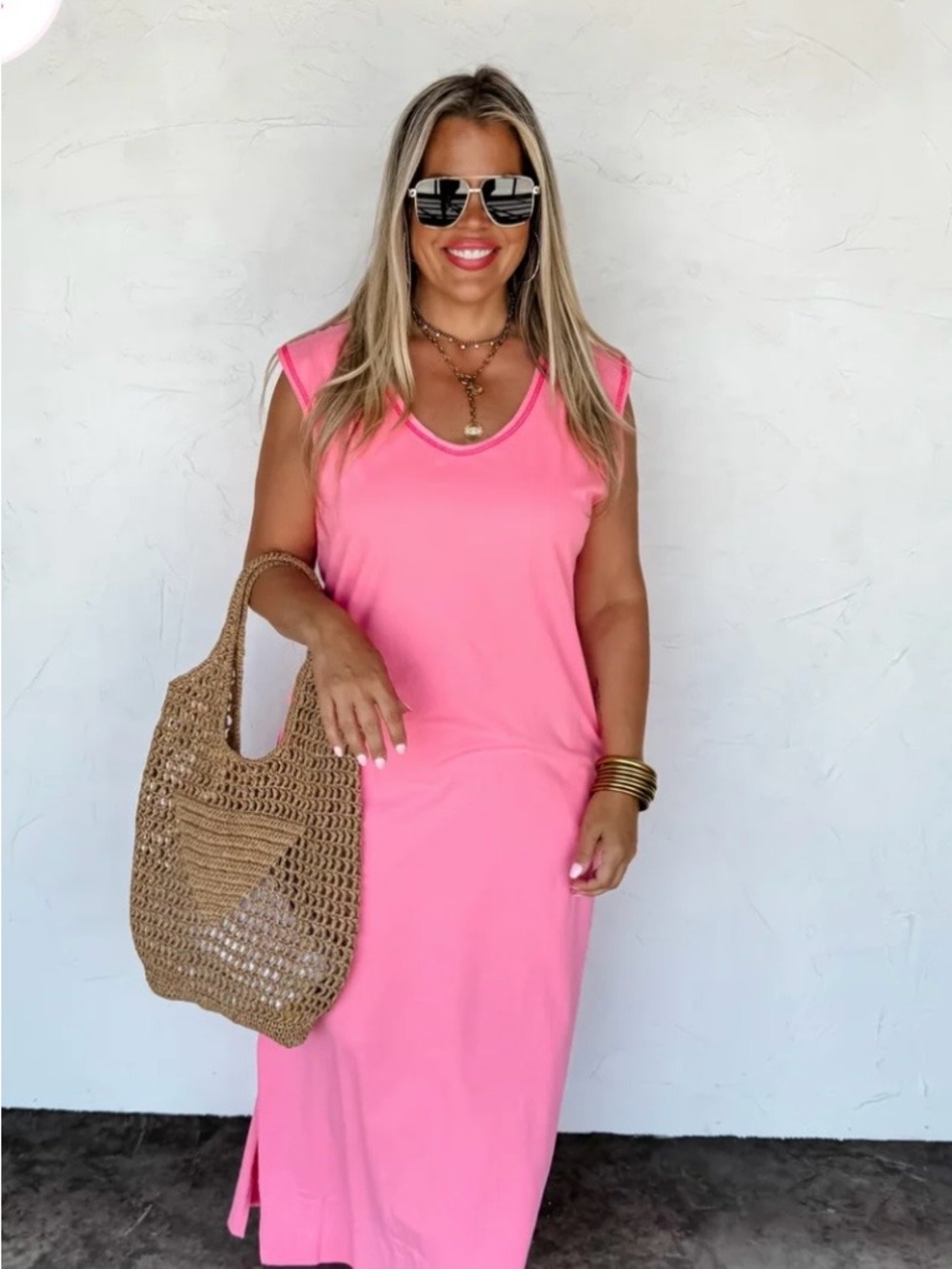 Sleeveless Pink Maxi Dress - Casual V-Neck
